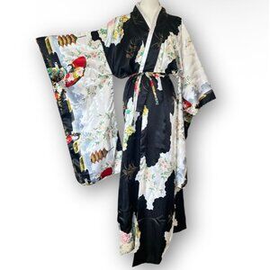 Shanghai Soho One Size Satin Kimono Robe Belted Geisha Floral Japan Asia Hollywo